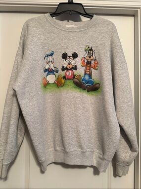 Disney Gray Crewneck Sweatshirt with Mickey, Donald & Goofy Graphic